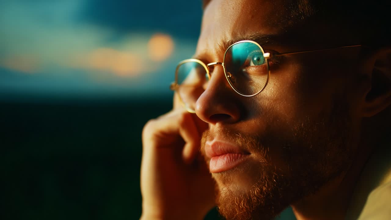 A Thoughtful Moment Captured: Close-Up Portrait of a Young Man with Glasses, Evoking Introspection and Contemplation Against a Beautiful Dusk Skyline in a Serene Environment