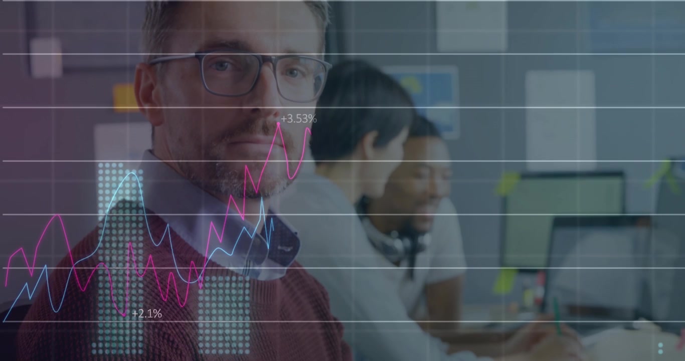 Animation af behandling af finansielle data hen over forskellige forretningsfolk