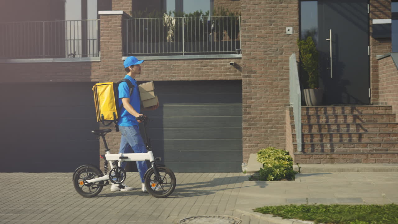 Delivery Person with E-Bike in Front of a Modern House