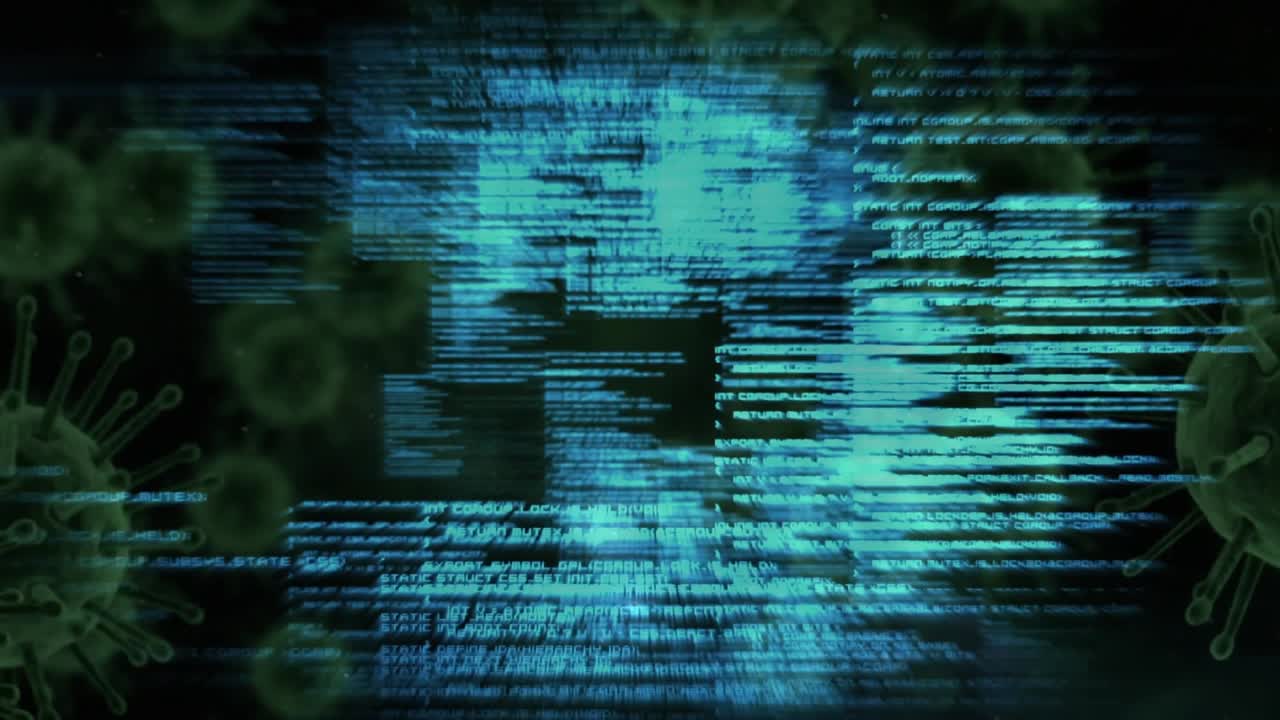 Opening blue-green code scrolling glitching forming bands corrupting while virus shapes drifting