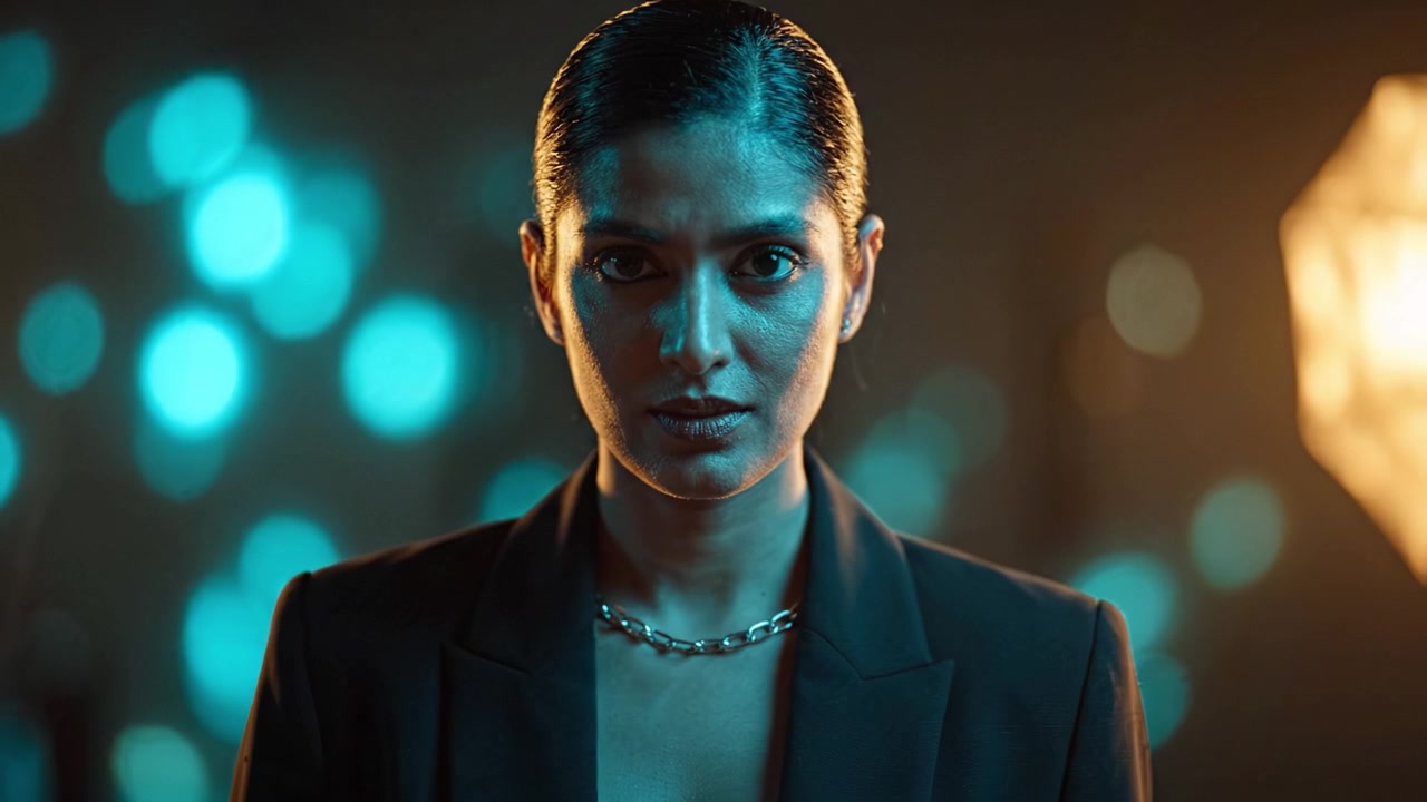 Um Retrato Focado de Determinação Capturando Empoderamento e Força em um Cenário Cinematográfico com um Fundo Deslumbrante de Luzes Bokeh Suaves e Tons Escuros
