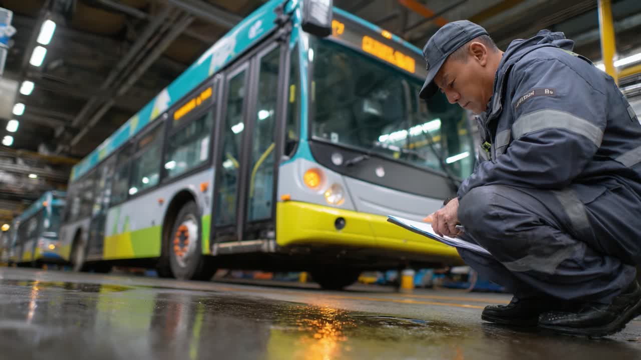 A Technician Conducting Inspection and Maintenance on a Public Transit Bus in a Garage, Ensuring Operational Readiness and Safety Standards are Met