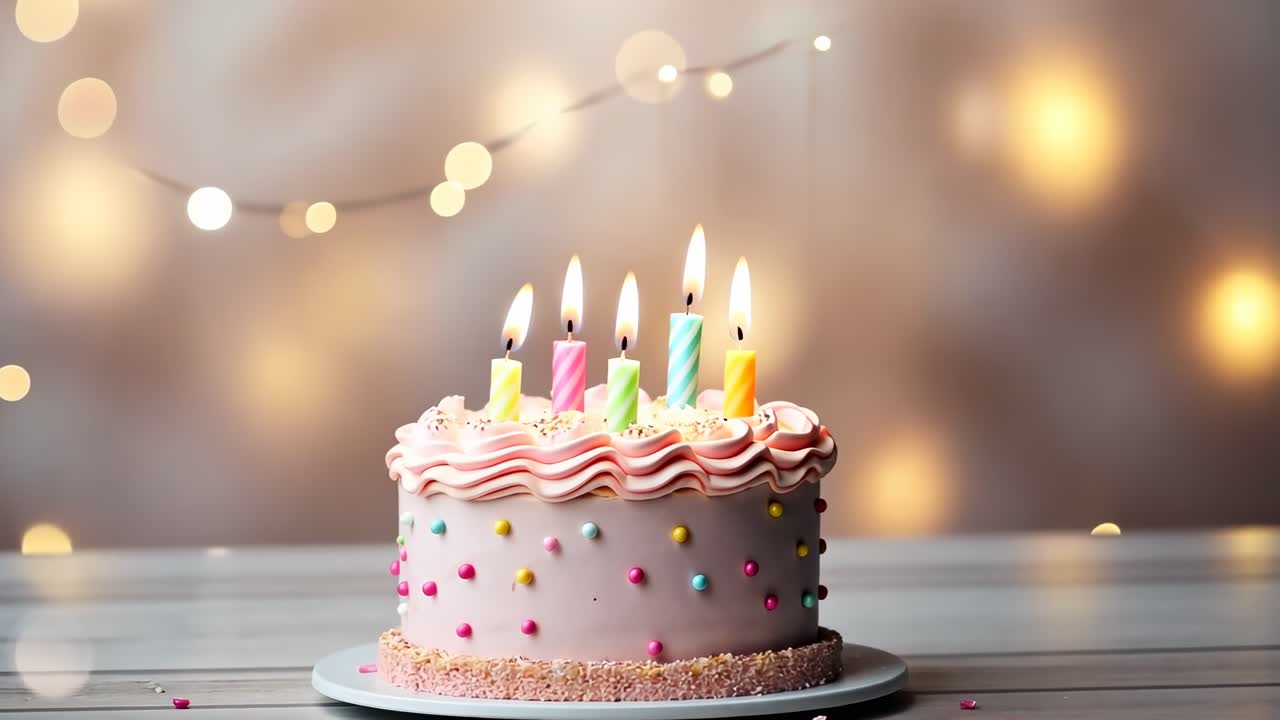 A close-up video angle of a festive birthday cake with lit candles, pastel colors, and a bokeh