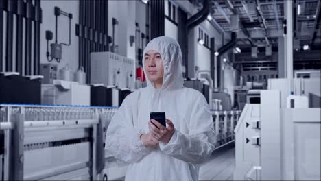 asian male scientist using smartphone and look around while standing in water factory, water bottles on production line