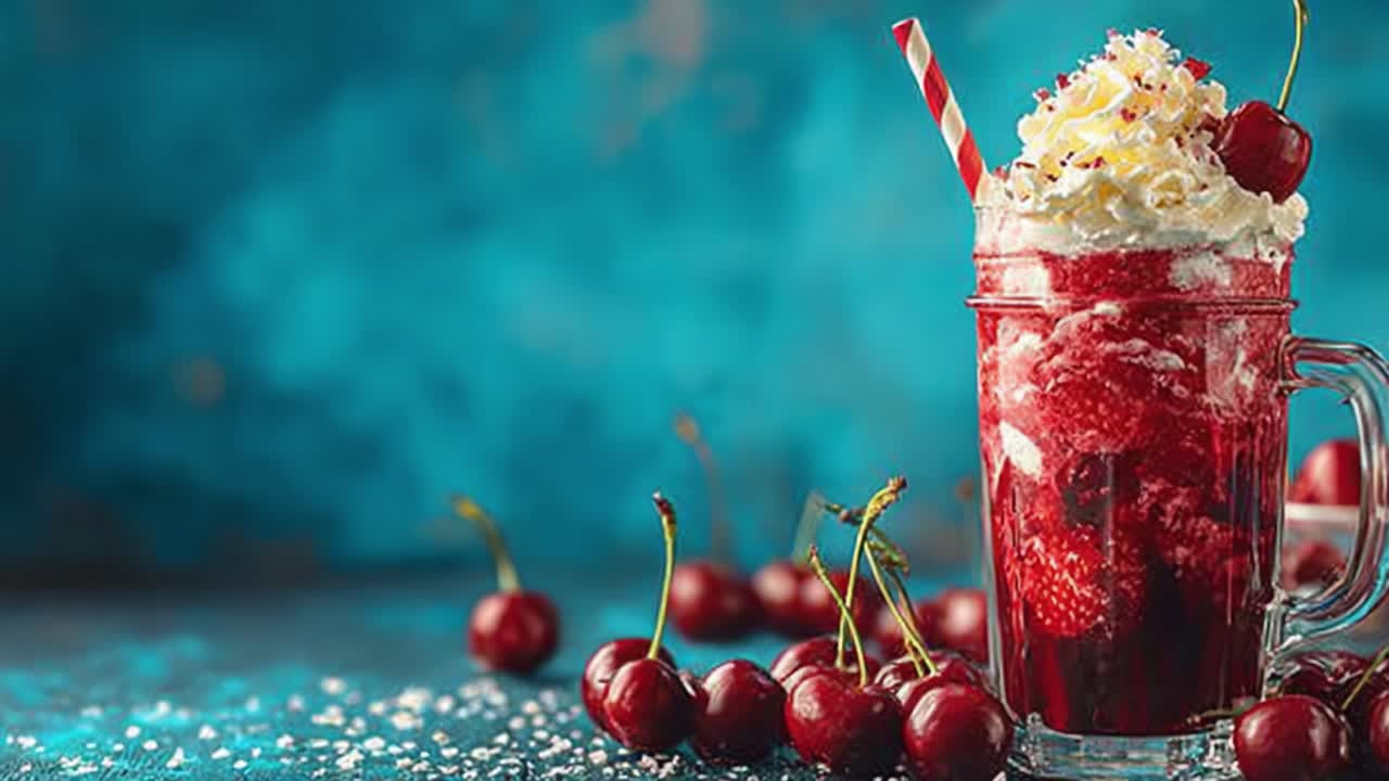 Concediti la dolcezza: uno splendido milkshake al gusto di ciliegia straripante di panna, guarnito con ciliegie fresche e panna montata, ambientato su uno sfondo blu brillante.