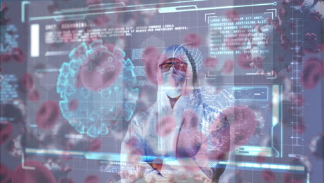 animation of cells and digital interface over male doctor wearing face mask