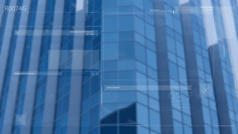 animation of digital screen with numbers and text against modern office building with glass walls