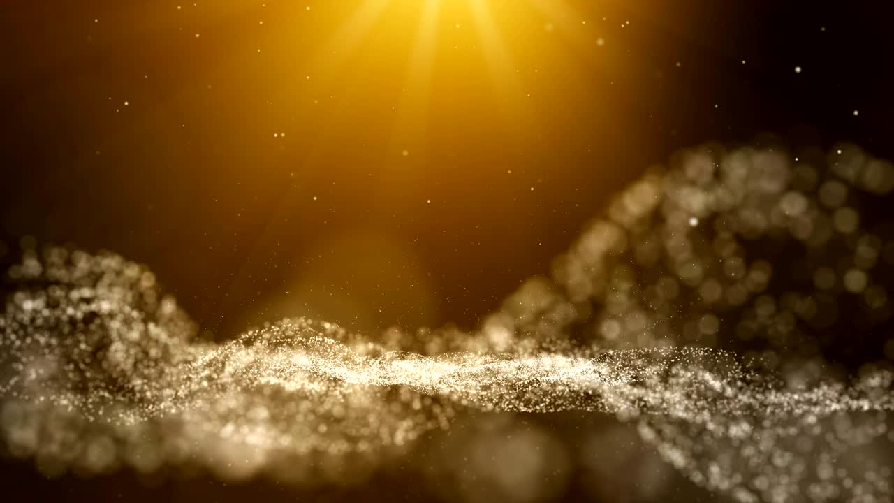 원활한 루프, 갈색 배경, 파동 입자가 상승하는 디지털 서명, 반이는 빛, 필드 깊이와 함께 베일 및 공간.