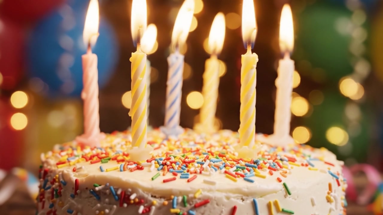 Una deliziosa celebrazione di compleanno con una torta colorata sormontata da candele che brillano intensamente, circondata da decorazioni festive e un'atmosfera gioiosa.