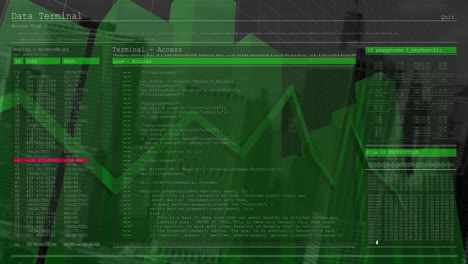 múltiples gráficos que se mueven sobre el procesamiento de datos contra edificios altos en el fondo