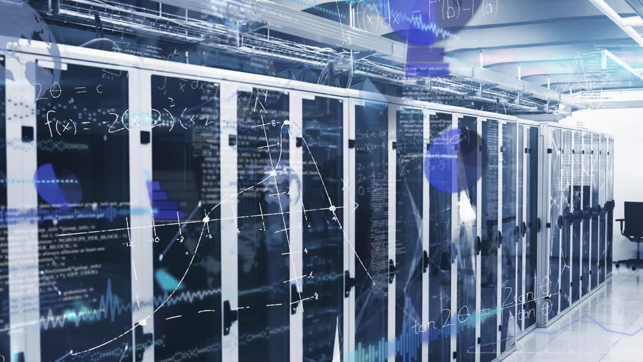 Animation of data processing and mathematical equations against plexus networks over server room