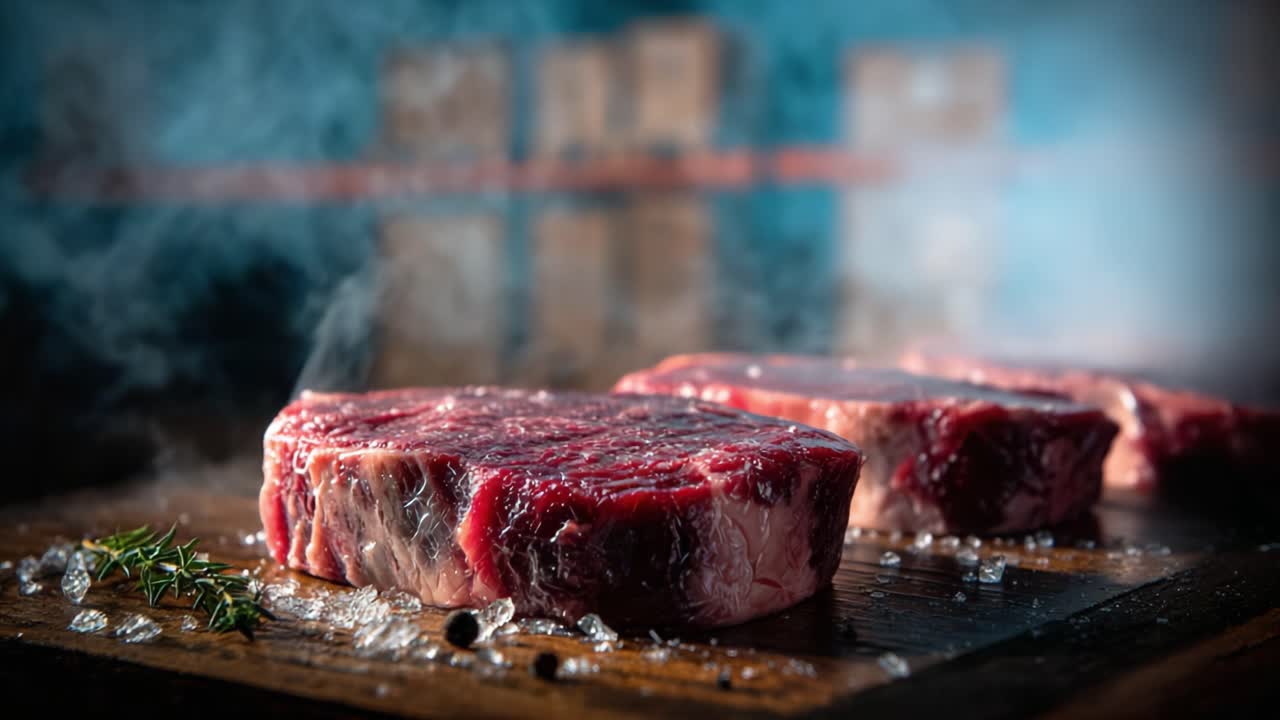 A Close-Up of Fresh, Raw Meat Steaks on a Wooden Platter Surrounded by Wisps of Smoke and Ice, Highlighting Their Rich Red Color and Juicy Texture
