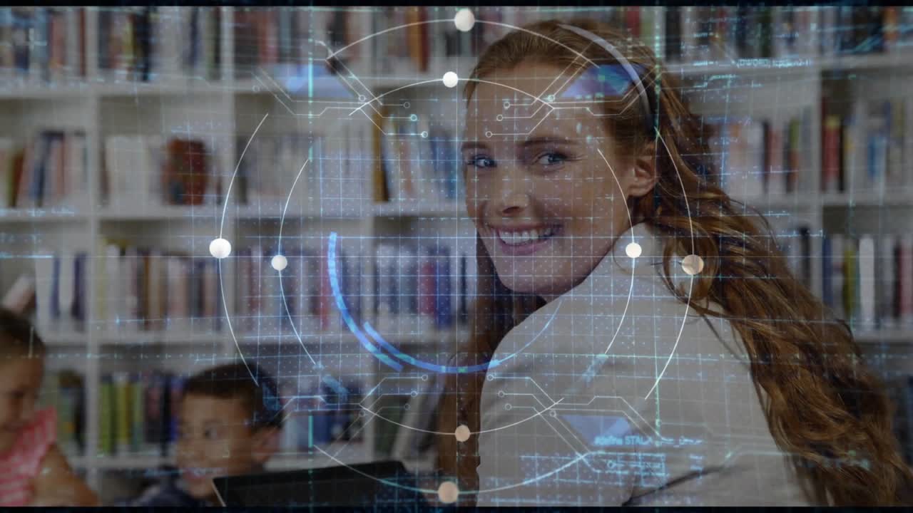 scanning overlay appearing over students watching teacher turning to camera for education