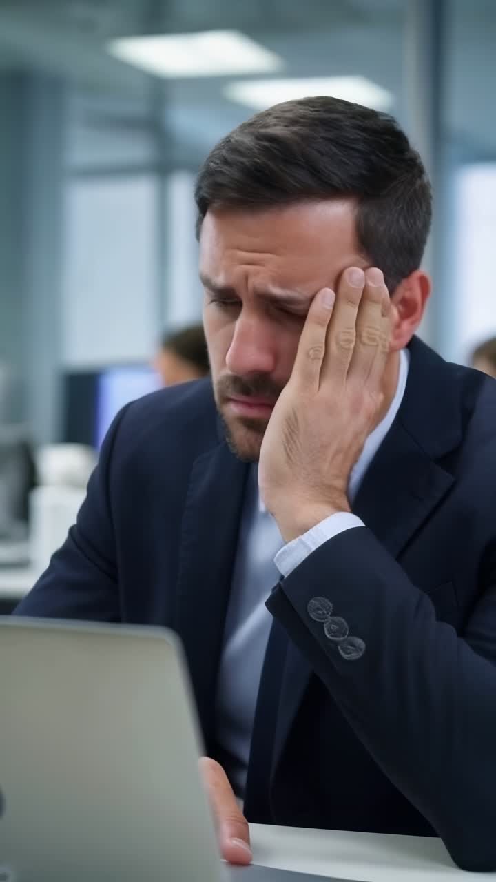 A businessman in a blue suit, sitting at his desk with a frustrated and ...