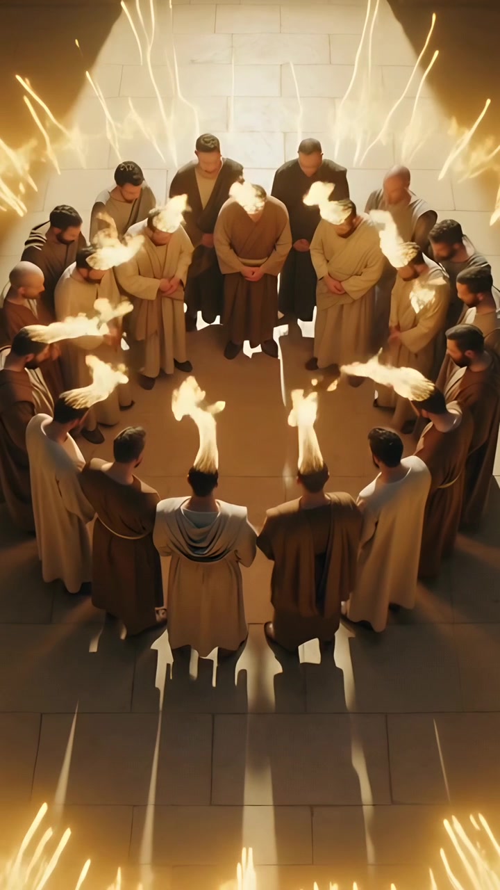 Vídeo vertical: Círculo de pessoas com vestes se formando, respondendo a um feixe de luz, erguendo tochas em uma câmara de pedra.