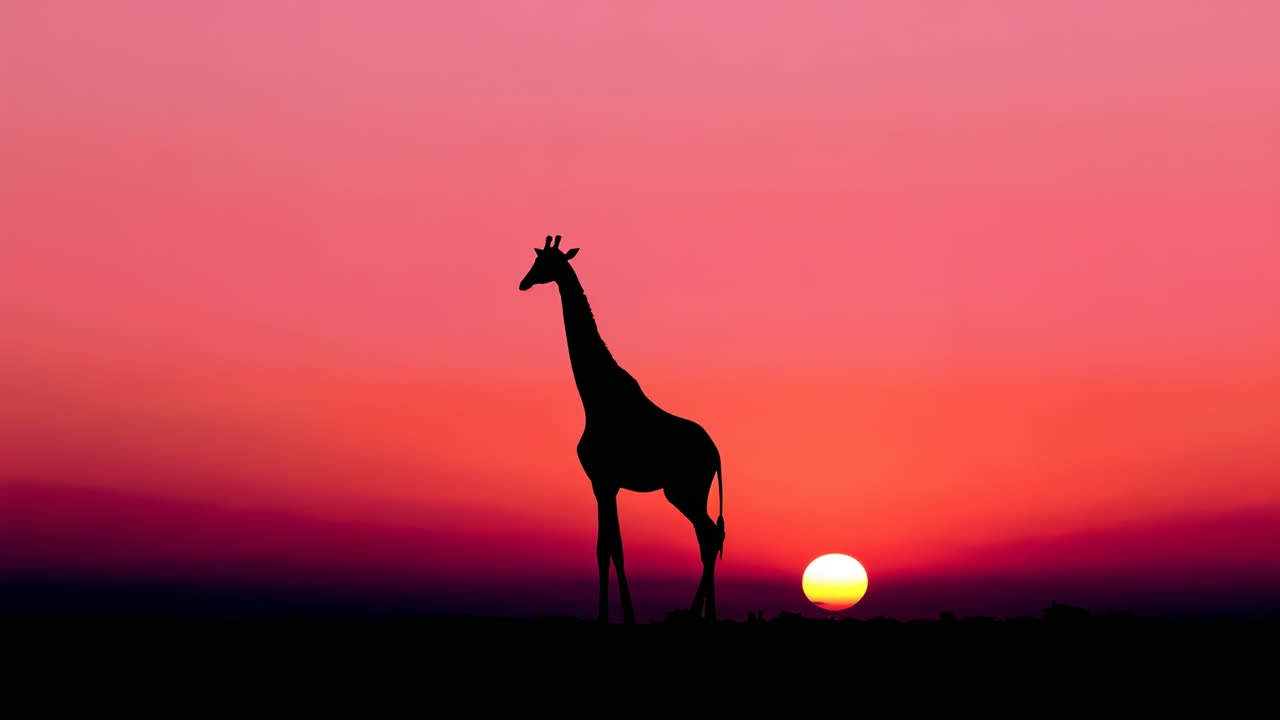 Welcoming sunrise, solitary giraffe shifting stance and stepping forward on savannah, silhouette