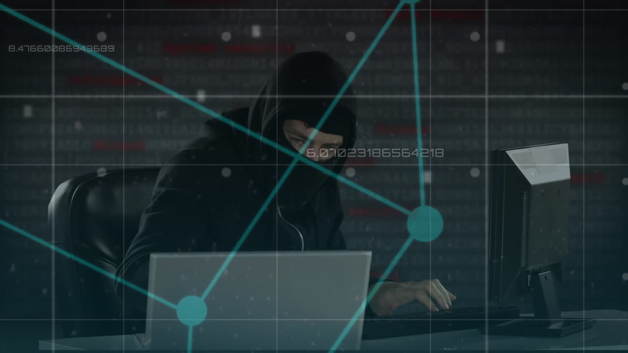 Animation of data processing over hacker with laptop