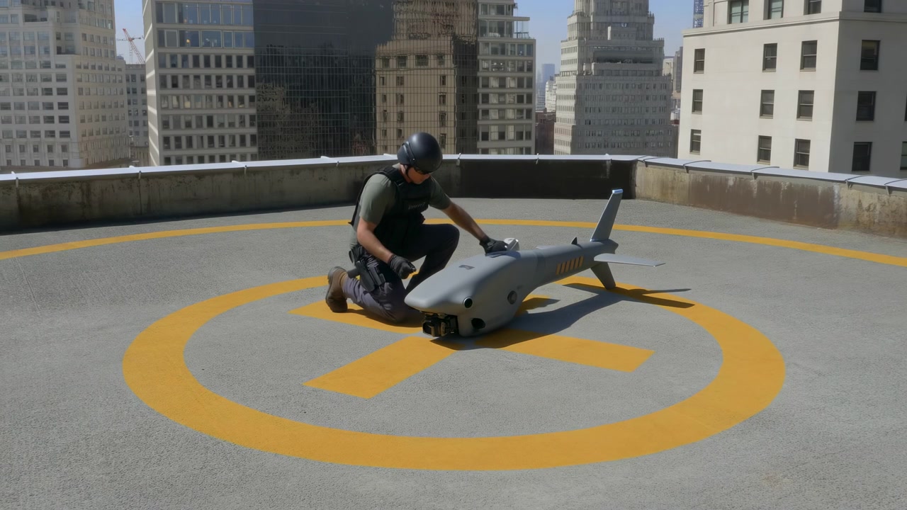Una persona si avvicina a un piccolo dispositivo aereo su un'area contrassegnata sul tetto, poi si inginocchia accanto ad esso mentre maneggia l'attrezzatura, con edifici urbani sullo sfondo e forte luce diurna sulla superficie in cemento.