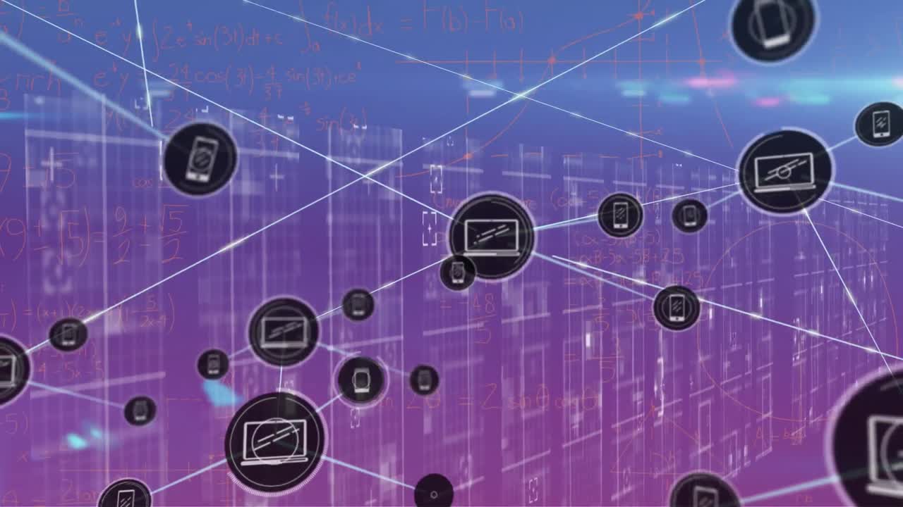 파란색과 분홍색 배경에 아이콘으로 연결 네트워크의 애니메이션