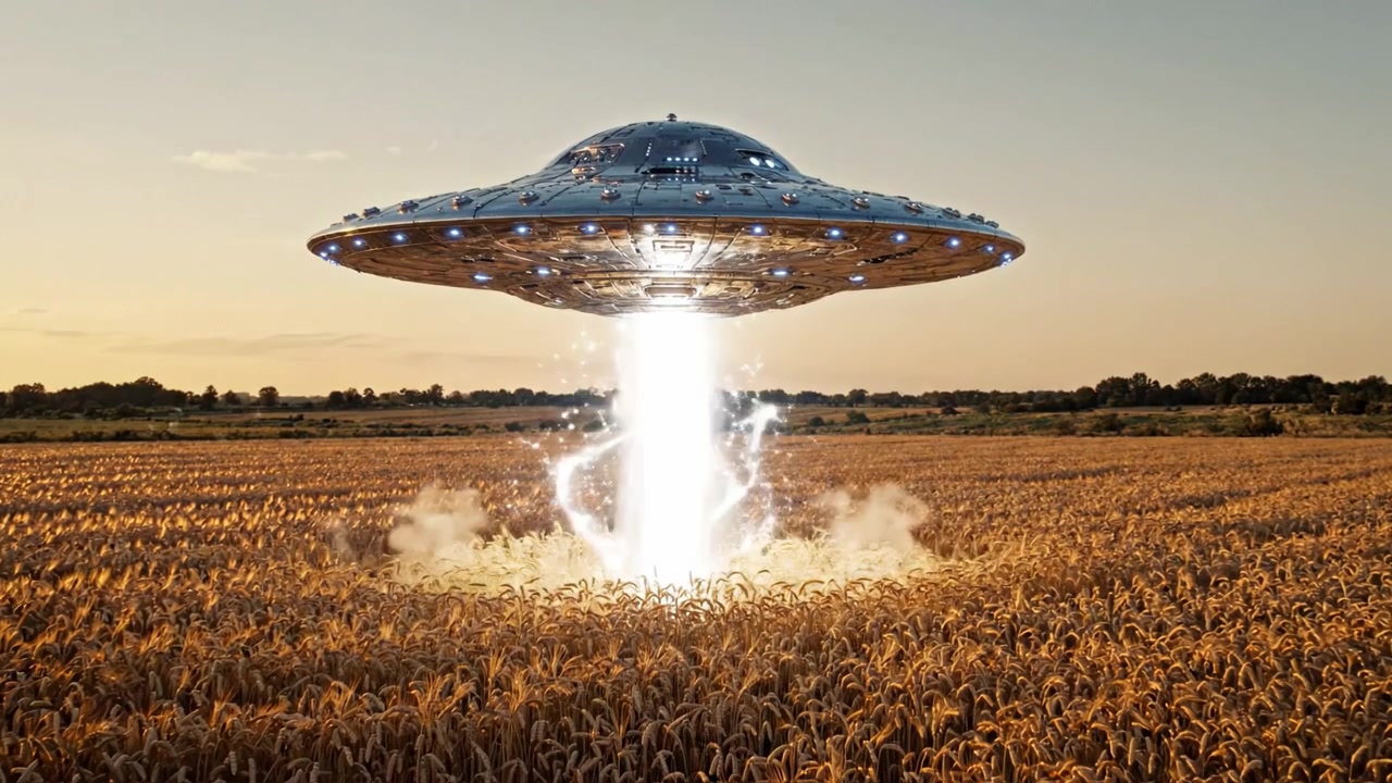 An Enigmatic Flying Object Emerges from the Golden Wheat Field During Sunset, Emitting a Powerful Beam of Light, Capturing the Imagination of Onlookers with Its Otherworldly Presence.