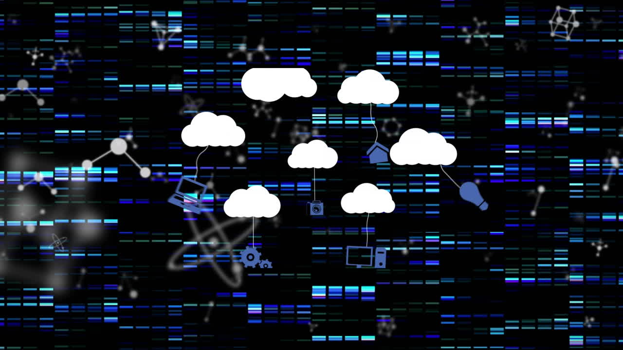 animación de nubes con iconos sobre columnas y moléculas en movimiento