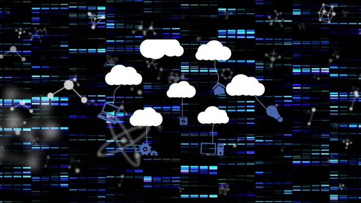 Animation of clouds with icons over moving columns and molecules