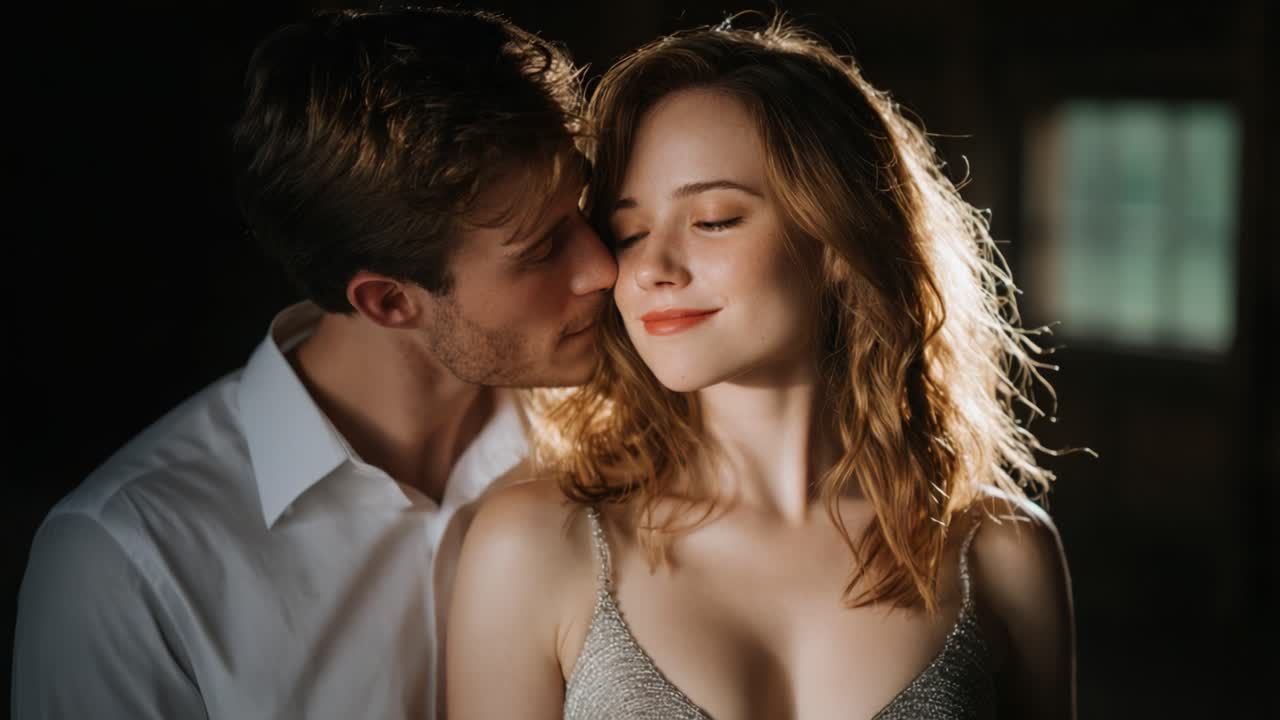 Intimate Moments of Affection: A Couple's Tender Embrace and Shared Connection Captured in Soft, Romantic Lighting