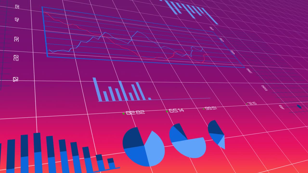 animación de múltiples gráficos con números cambiantes sobre el patrón de cuadrícula contra el fondo de gradiente