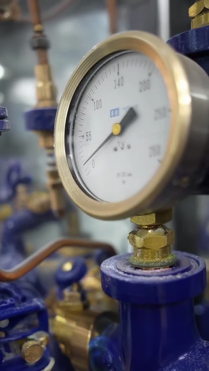 Video ravvicinato di manometri e tubi industriali, che mostra una vista dall'angolazione laterale