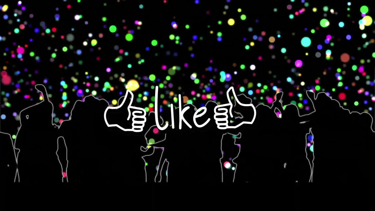 Crowd silhouettes raising arms in flat design, showing white like text flanked by thumbs-up icons