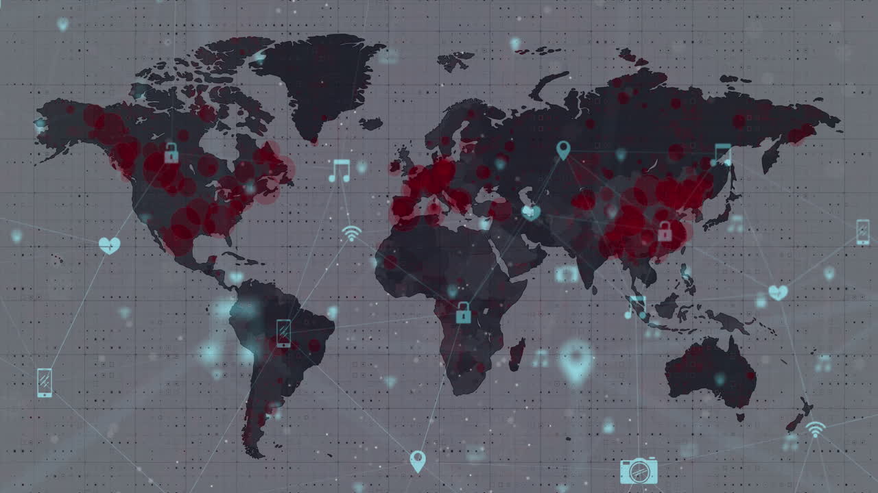 video compuesto digital de la red de conexiones con iconos de interfaz contra el mapa del mundo