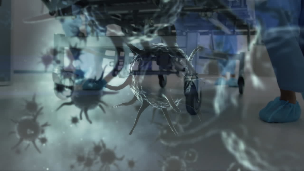 의료진의 다리에 퍼지는 거대 바이러스와 코로나바이러스 코로나19 세포의 애니메이션