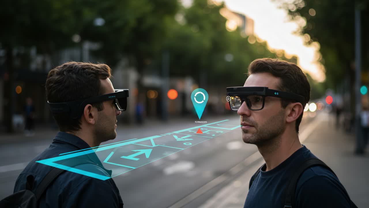 Two individuals engage with augmented reality technology on a city street, showcasing advanced navigation features and digital overlays for enhanced interaction and exploration