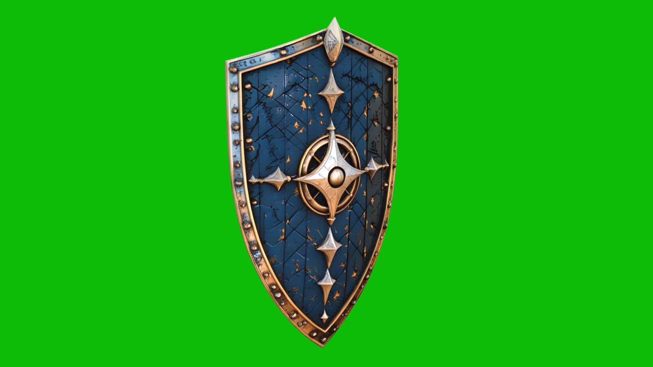 Design di scudo fantasy 3D 04 altamente dettagliato, con superficie in metallo usurato, rivetti decorati, emblema luminoso, isolato su green screen. Perfetto per giochi fantasy, progetti epici e composizioni VFX