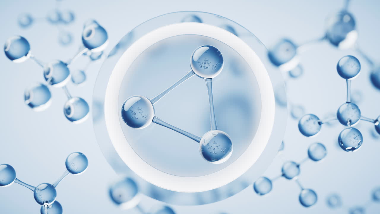 파란색 배경의 분자, 3d 렌더링