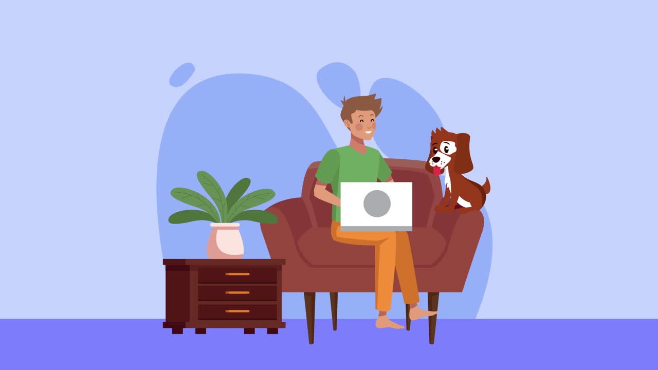 оставаться дома кампания с человеком с помощью ноутбука в диване