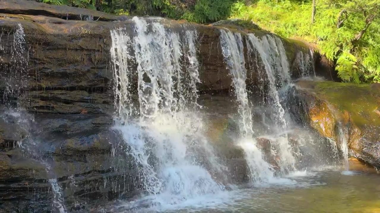 Statisk vidvinkelbillede af et vandfald, der fosser over mørke klipper i Blue Mountains Nationalpark