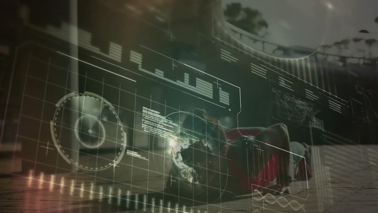 woman wearing VR headset kneeling on wooden deck, engaging with technology HUD grids and charts