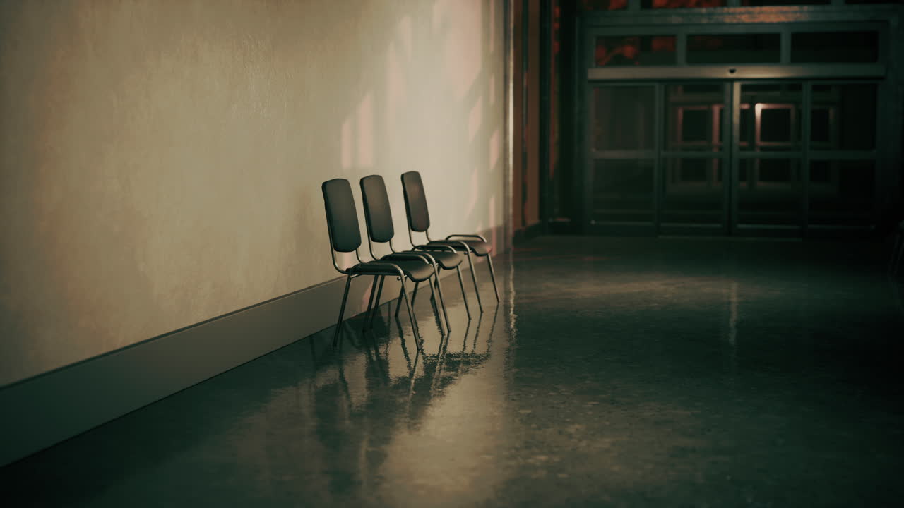 의자 가 있는 병원 의 빈 복도