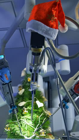 Robotic machine for making Christmas decor. Modern equipment decorating Christmas tree indoors. High-tech innovations. Vertical video
