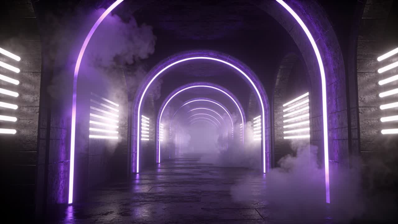 Udstrømmende røgdriver og fortykkes gennem neonoplyst bueformet tunnel med hvide LED-paneler