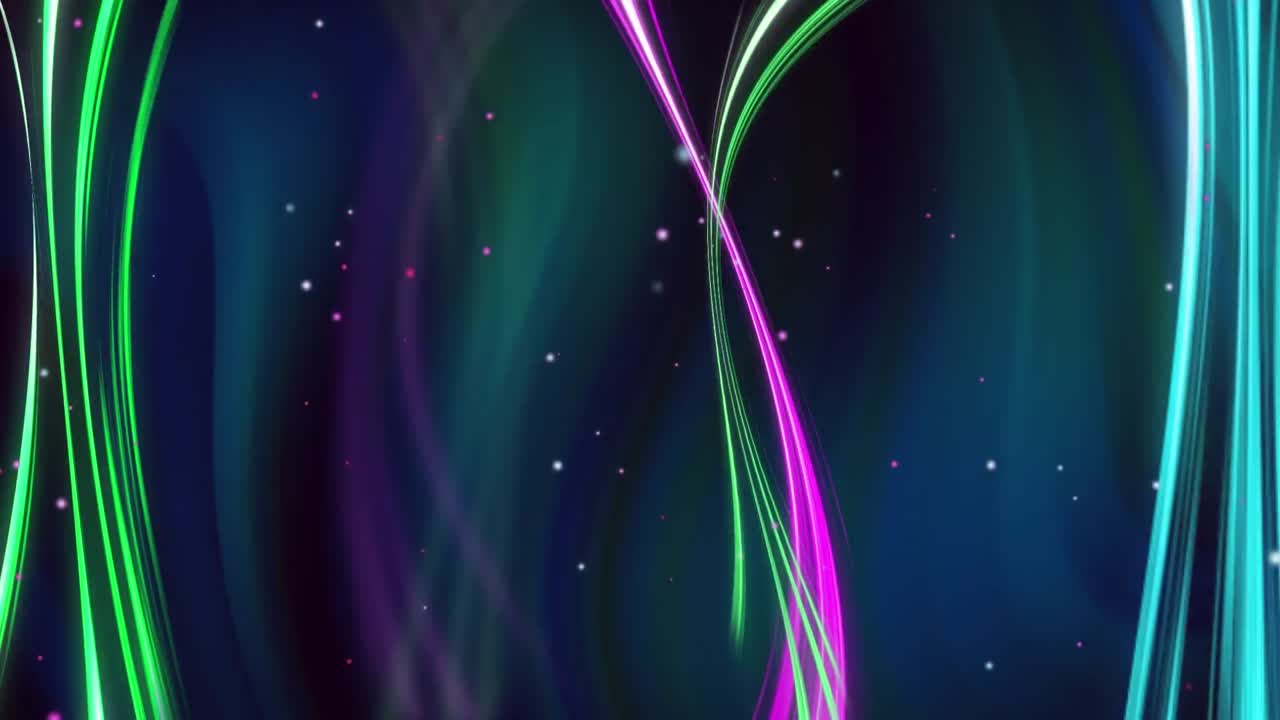 분홍색, 초록색 및 파란색 네온  ⁇ 의 애니메이션이 어두운 초록색 및 파란색 소용돌이 배경 위에 움직입니다.