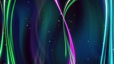 Animation-of-pink,-green-and-blue-neon-strands-moving-over-dark-green-and-blue-swirl-background