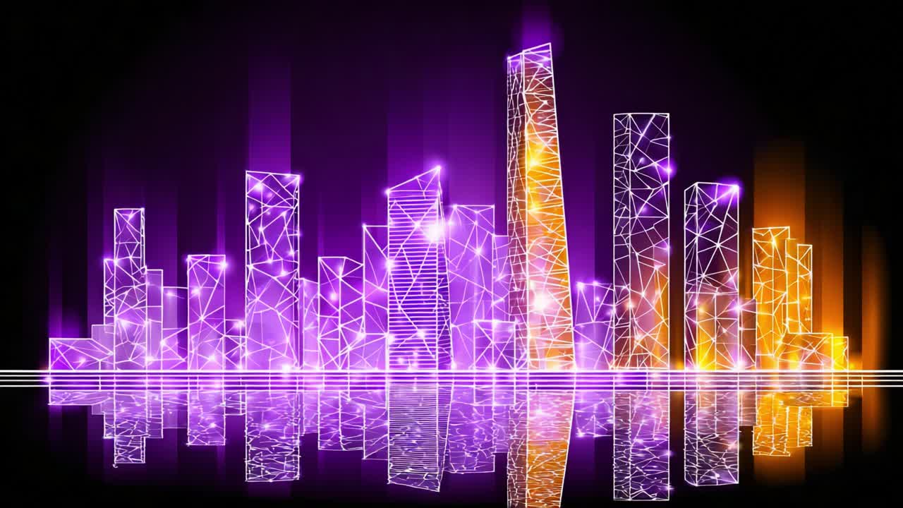 Vibrant Abstract City Skyline with Neon Lights and Reflections on Water, Capturing the Essence of Modern Urban Architecture in a Stunning Visual Display