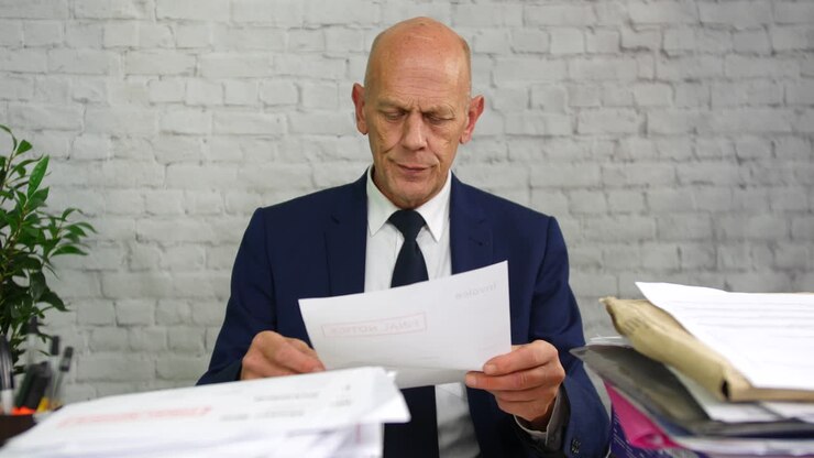 A mature businessman opening a bill envelope at a desk and reading a debt letter with a final notice