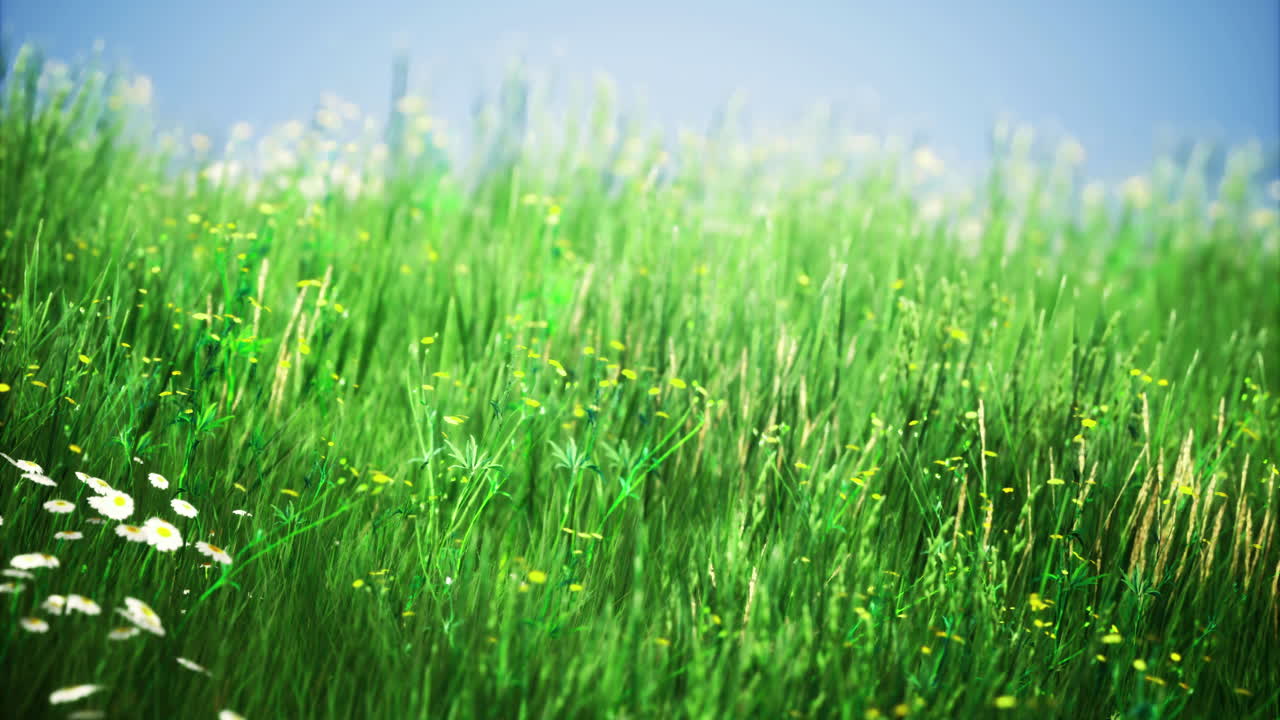 Lush green grass field dotted with wildflowers under bright sunny sky