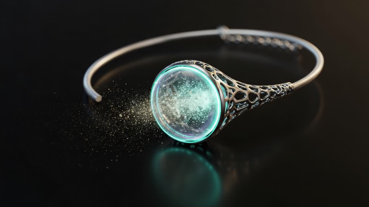 A Stunning Silver Bracelet Featuring a Semi-Transparent Orb with Ethereal Effects and Reflective Glimmers Captivating the Eye in a Darkened Environment