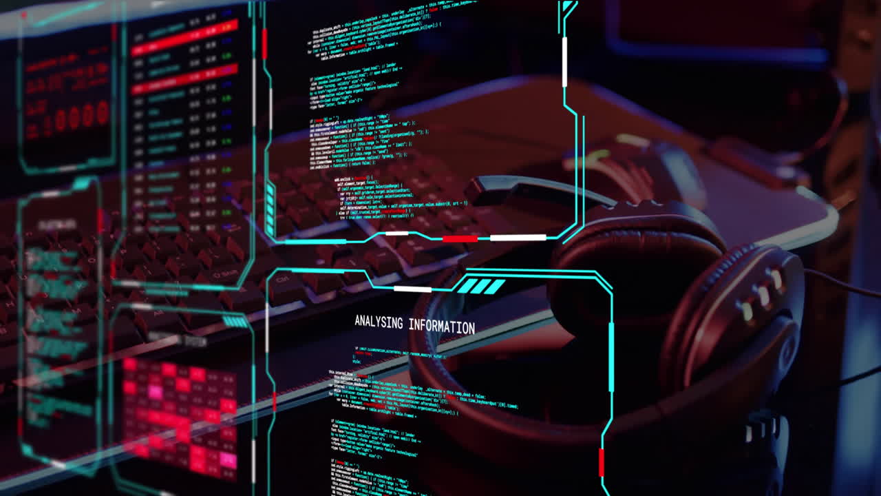 animación del procesamiento de datos digitales en pantallas sobre portátiles y auriculares y fondo negro