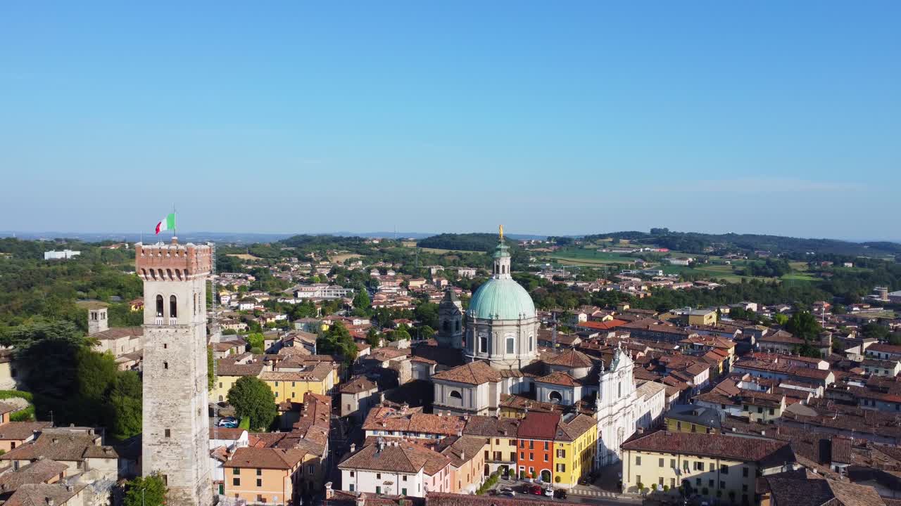 Lonato’s skyline blends history and charm: the majestic dome of the cathedral, the ancient Rocca fortress, and Lake Garda shimmering in the distance—captured in perfect drone perspective.