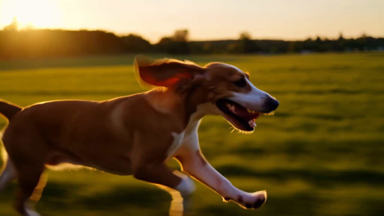 Cane energico che corre e gioca in un campo erboso al tramonto